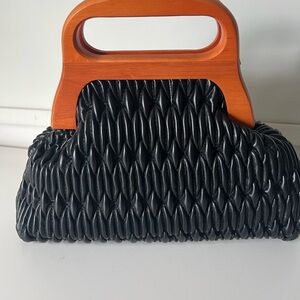 Elegant Black Clutch with Wooden Handle